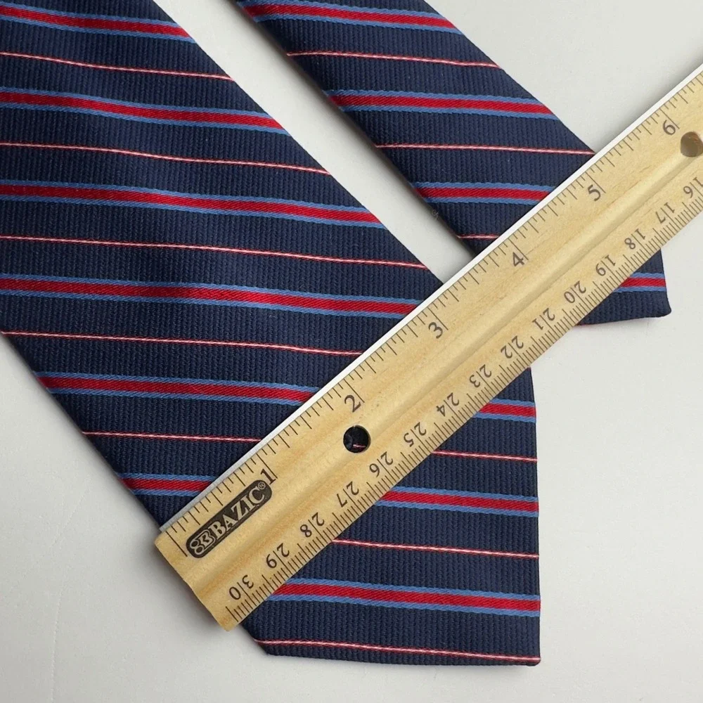 Christian Dior Mens Silk Blend Striped Necktie Navy Blue Red CD Logo Preppy